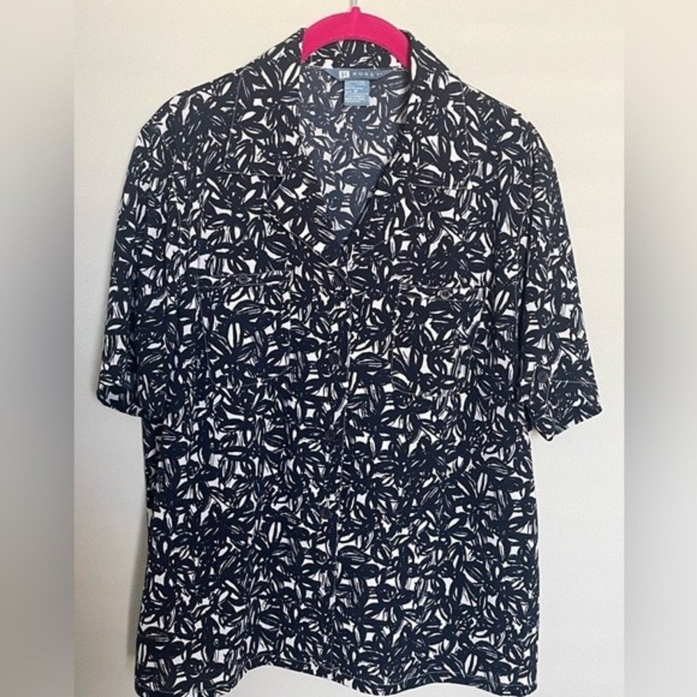 Koret Navy Blue White Floral Print Button Up V Neck Size M - Picture 1 of 10